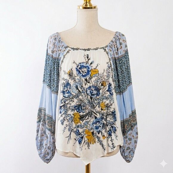 Free People Blue White Positano Print Peasant Floral Boho Blouse L/G, MSRP $128 - Picture 2 of 15
